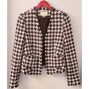 L' Agence Adette Blazer 6 Houndstooth Black &White Fringe Edges Open Style Front
